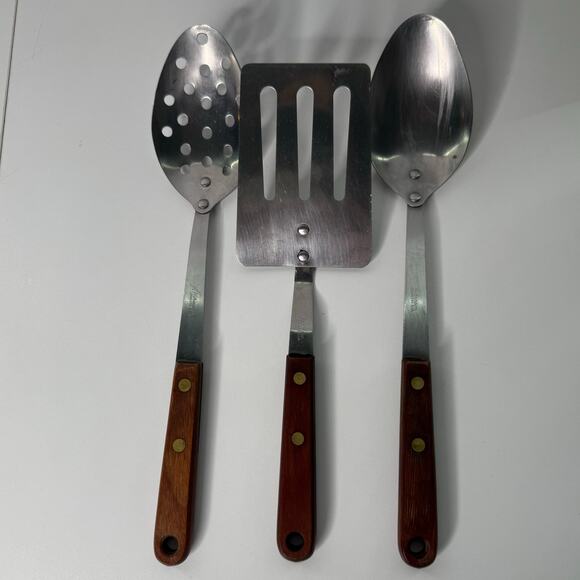 Vintage Robinson Stainless Steel Utensils Wooden Set of 3 -USA -Spoons Spatula - Picture 1 of 9